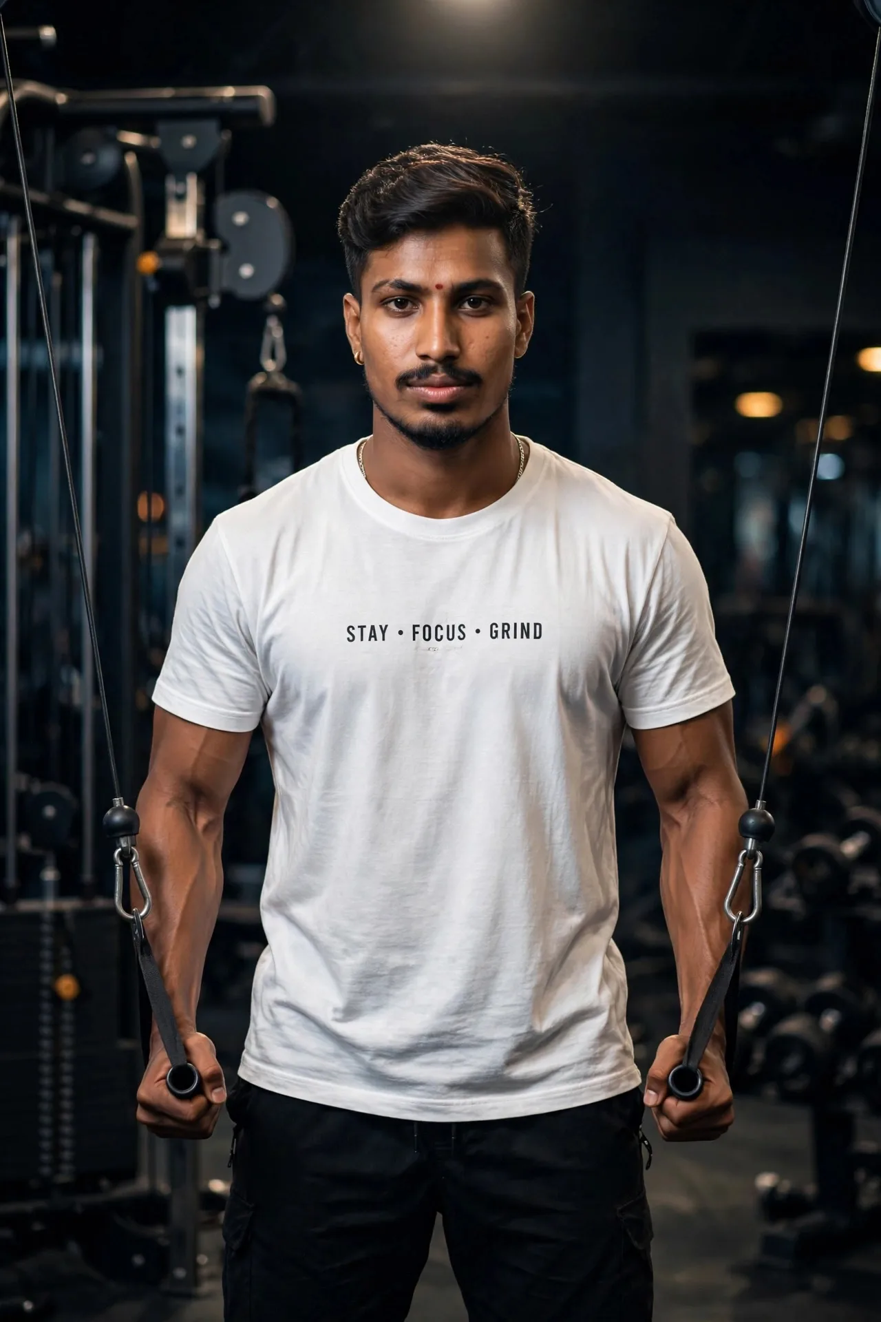 A hyper-realistic cinematic portrait of a fit young man performing a cable crossover exercise in a modern gym.