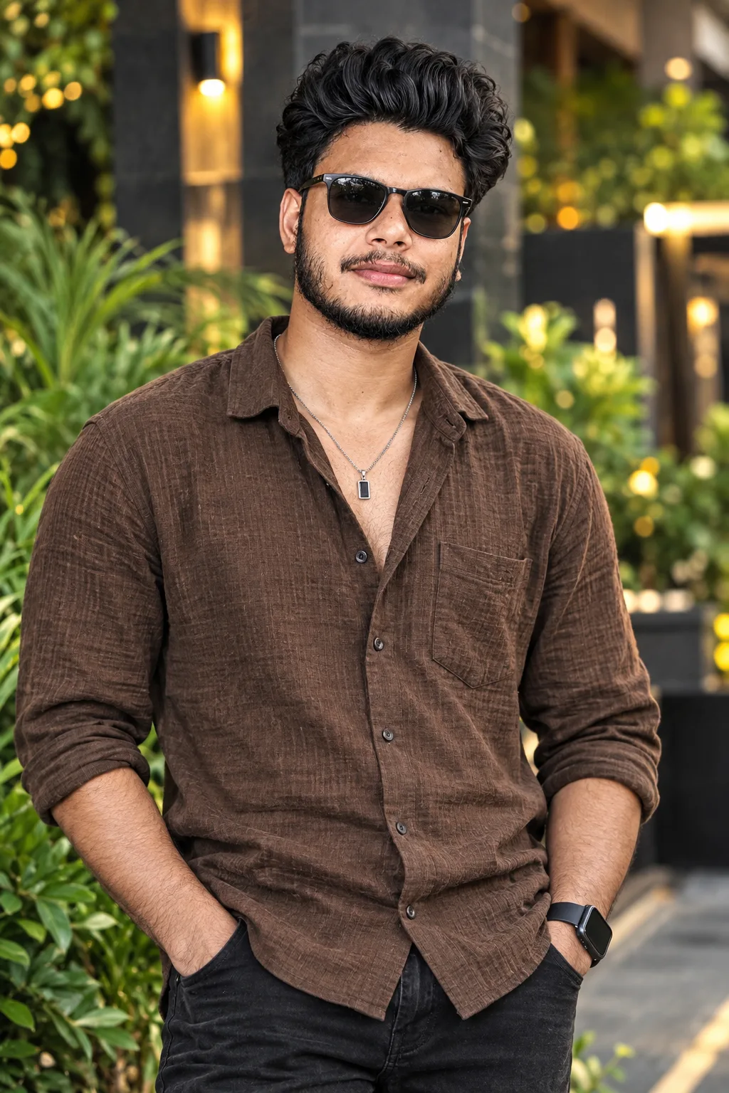 Prompt: A handsome young South Asian man with voluminous curly black hair, full dark beard and mustache, wearing black rectangular