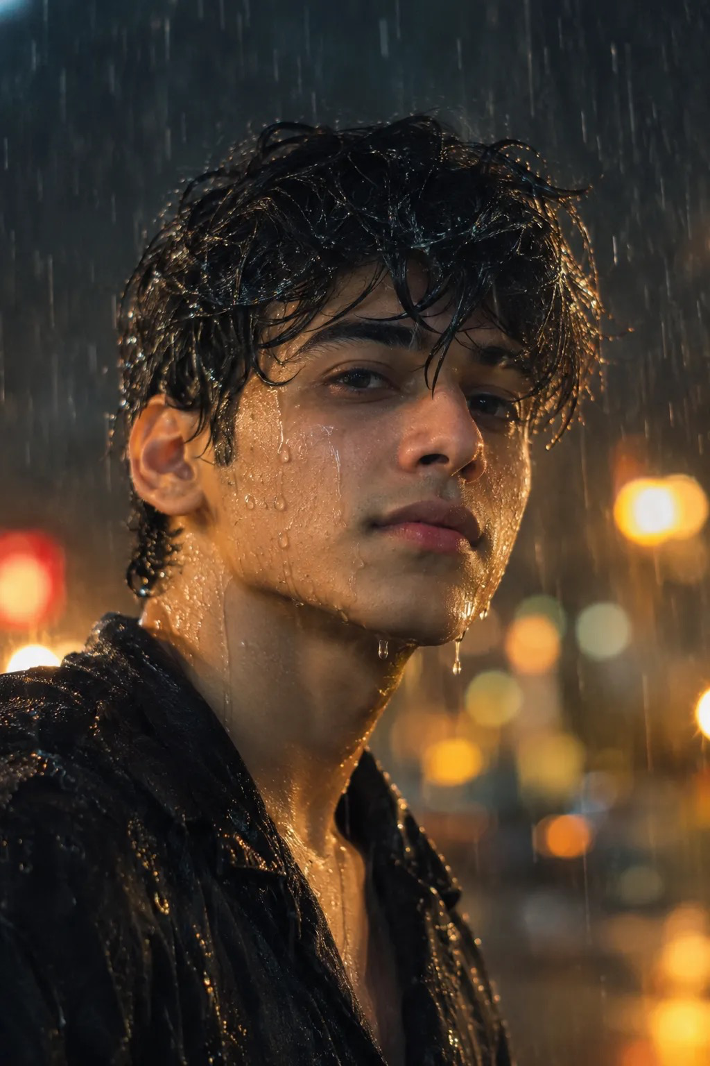 Create an ultra-realistic cinematic close-up portrait of a young adult man standing in heavy rain at night.