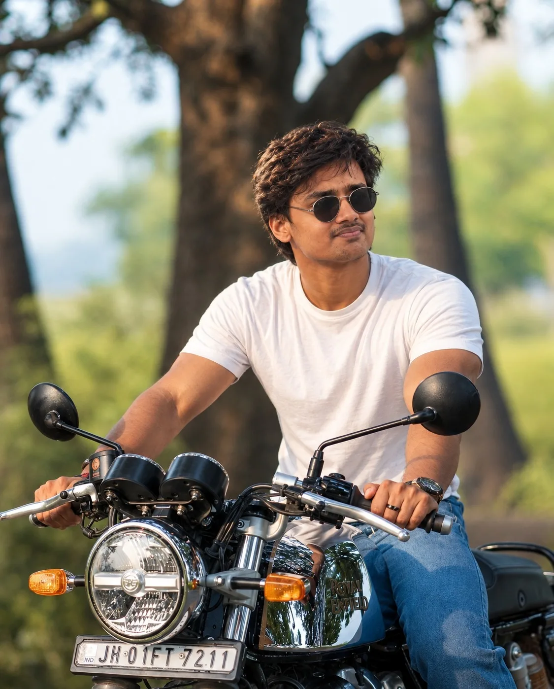 Create an ultra-photorealistic cinematic motorcycle portrait based on the uploaded reference image.