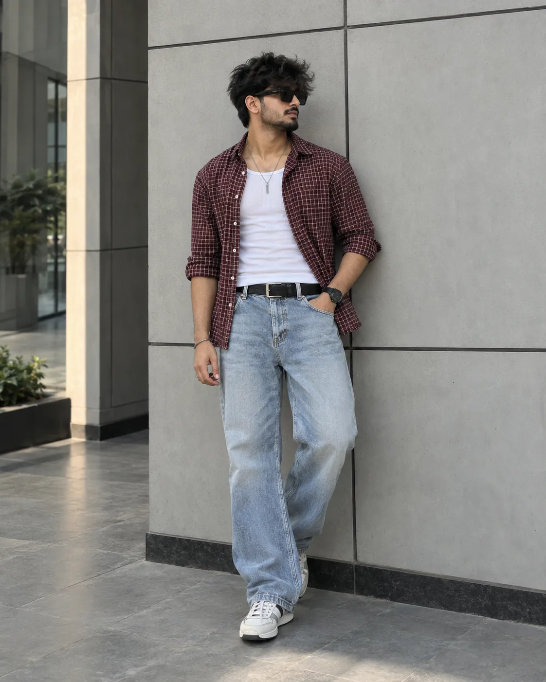 Ultra-realistic full-body fashion portrait of a young South Asian man standing casually against a modern light-gray architectural wall with