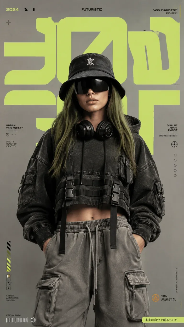 Ultra-realistic futuristic streetwear editorial fashion portrait of a mysterious young woman standing confidently in front of a clean