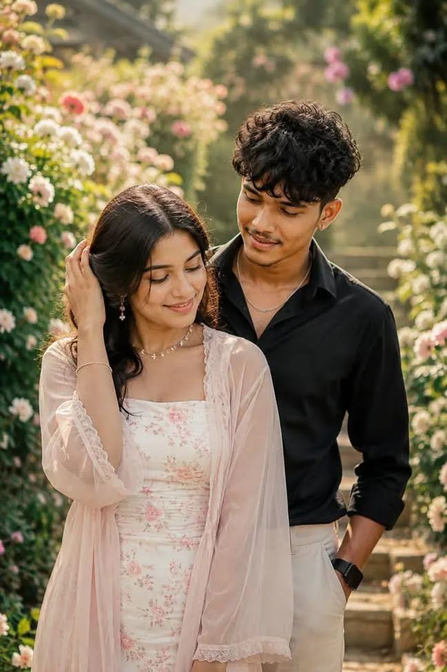 Writing Create a highly realistic, romantic outdoor couple portrait using the uploaded user photo as the **ONLY source of the user's