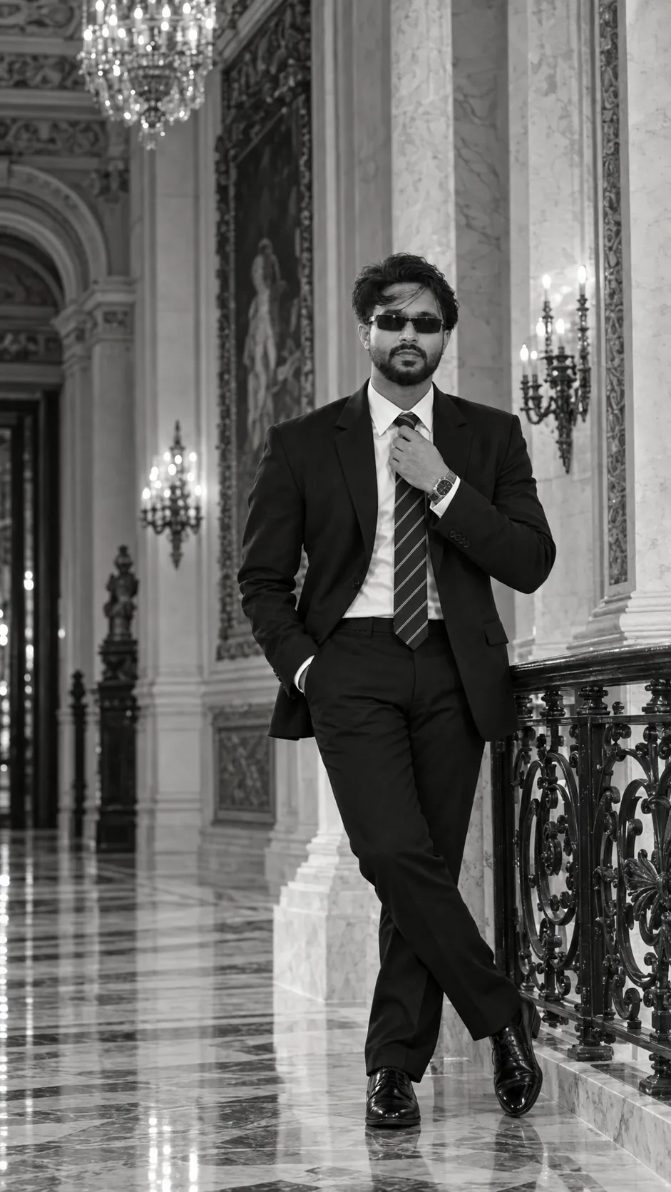 Create an ultra-photorealistic, high-end cinematic black-and-white luxury fashion photograph closely inspired by the provided reference