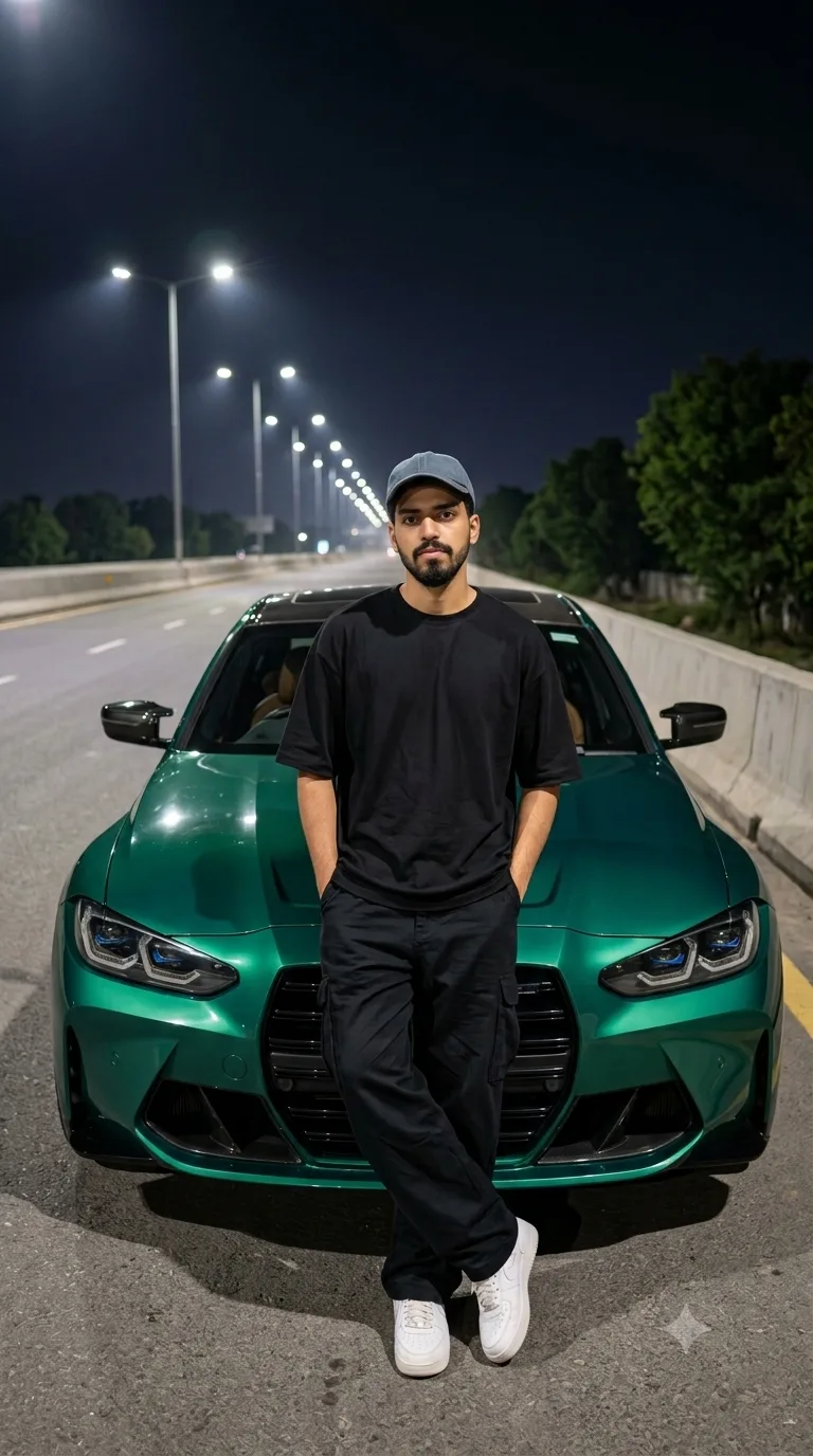 Create an ultra-realistic cinematic vertical nighttime photograph of a young South Asian man standing casually in front of a glossy