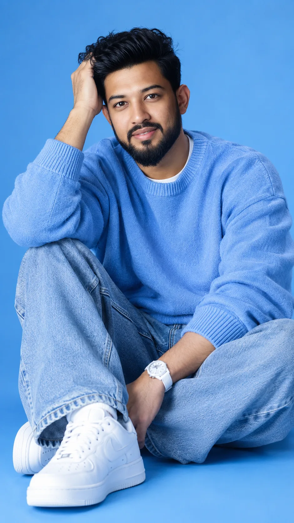 Create a hyper full body UHD handsome man sitting close up wavy dark hair and groomeed beard portrait in a bright monochrome blue studio.