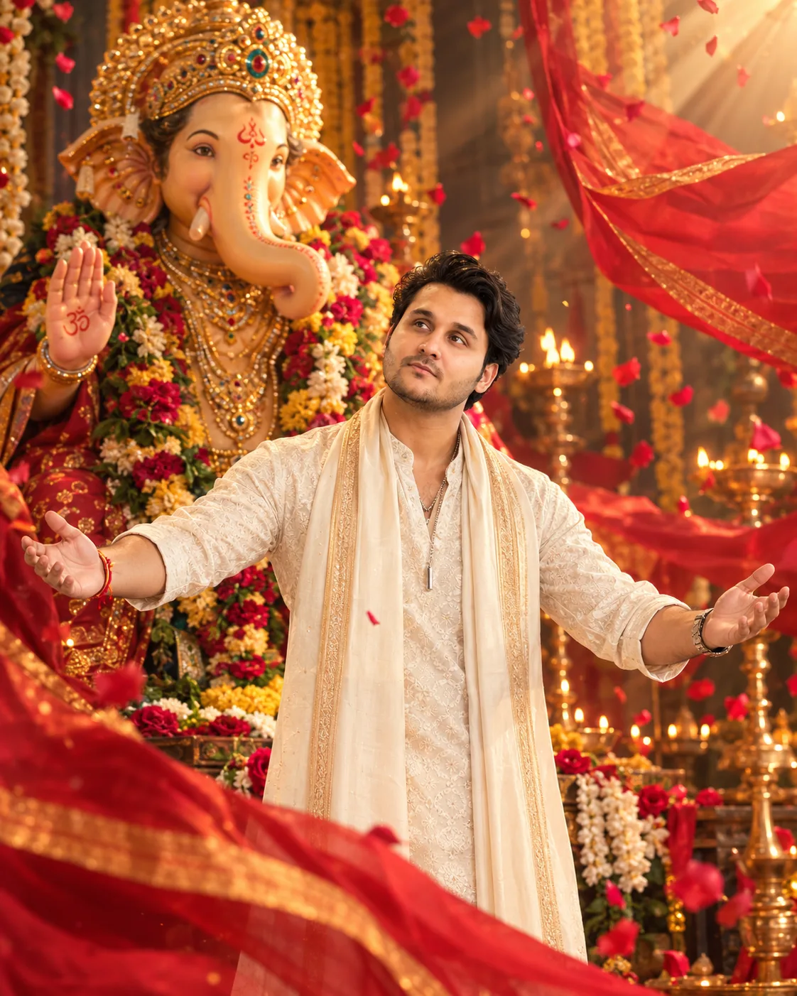 A stylish young South Asian/Indian man standing devotionally in front of a magnificent Lord Ganesha idol during a grand Ganesh festival