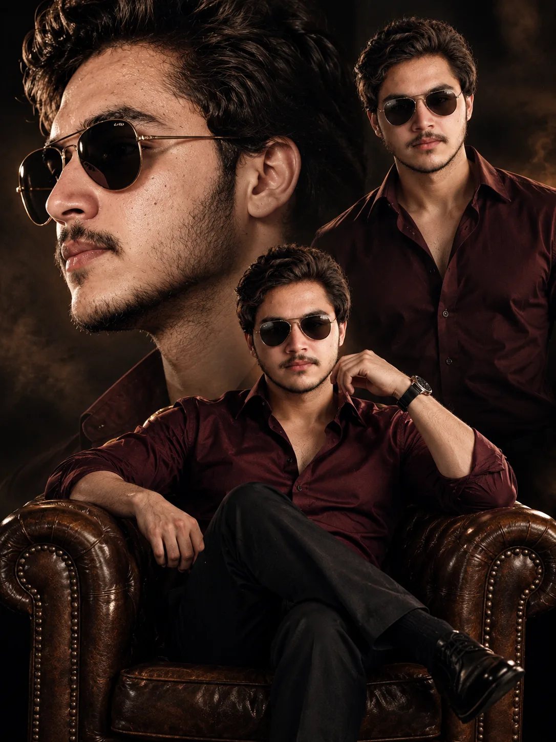 **Create a hyper-photorealistic, ultra-detailed cinematic three-layer character montage portrait of the same young man, designed like a