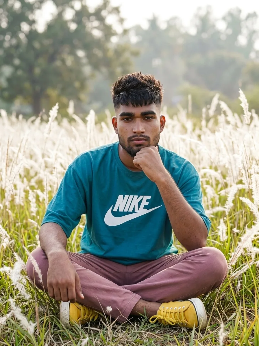 Detailed AI Image Prompt Vertical 3:4 seated aesthetic outdoor lifestyle portrait of a young man resting in a scenic meadow of blooming