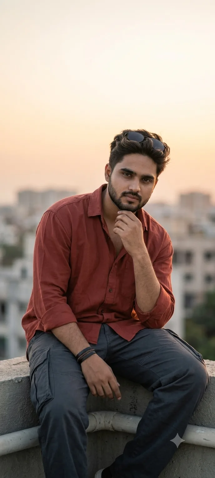 Create an ultra-realistic cinematic outdoor portrait of a young adult South Asian man, closely inspired by the uploaded reference image