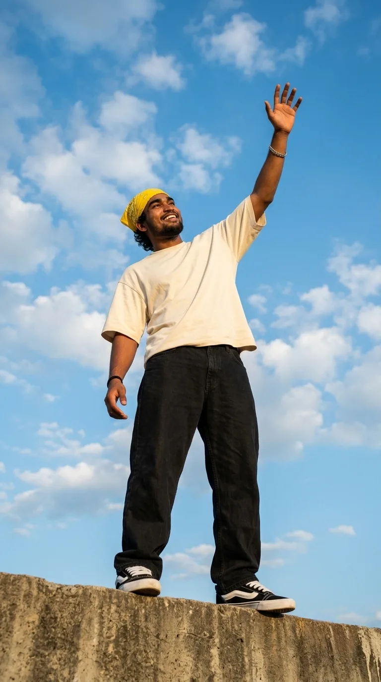 Detailed AI Image Prompt Vertical 9:16 full-length, low-angle perspective shot of a young man standing atop a concrete ledge, reaching one