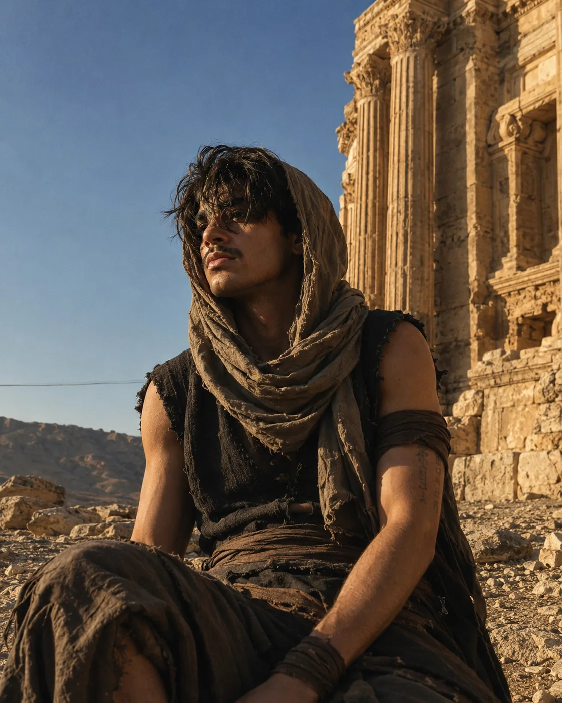 Create a photorealistic cinematic historical-fantasy portrait photograph of a young adult male warrior sitting outdoors beside an ancient