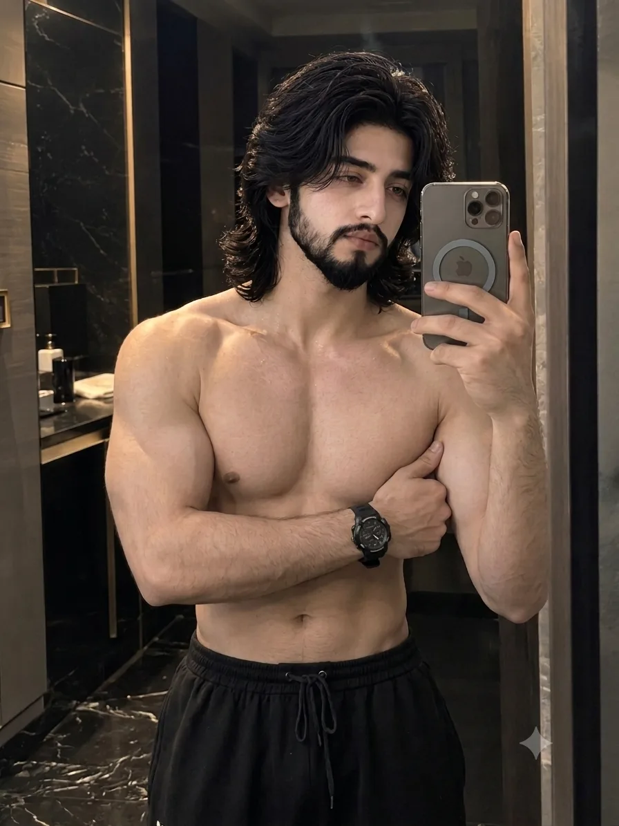 Here is a precise image generation prompt based on your analysis: A high-quality shirtless mirror selfie capturing a muscular man in a