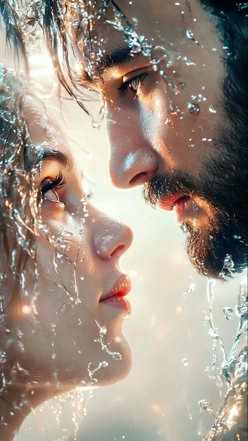 CONCEPT: An intimate macro portrait capturing a man and a woman in a close face-to-face moment amidst falling water droplets, framed with