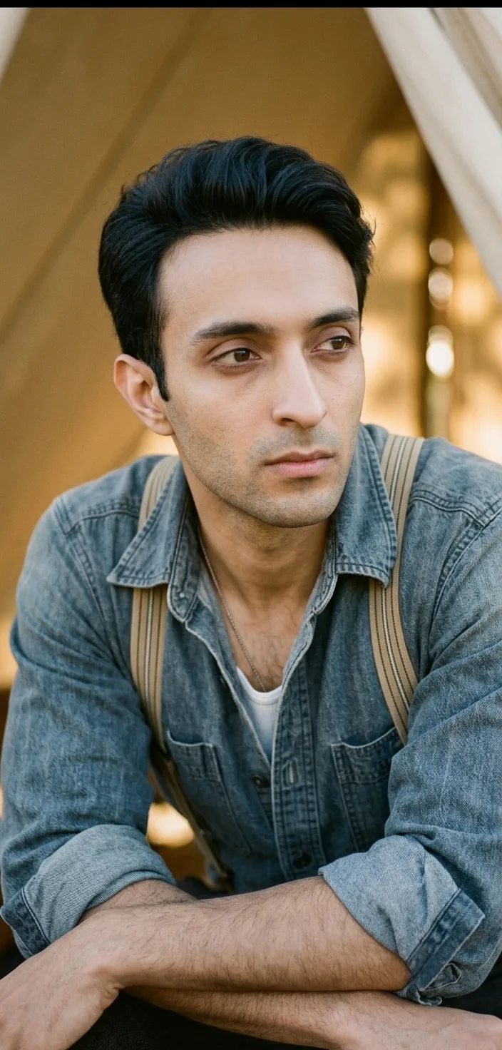 cinematic close-up portrait of same man from reference, wearing vintage washed blue-gray denim work shirt with rolled sleeves over white