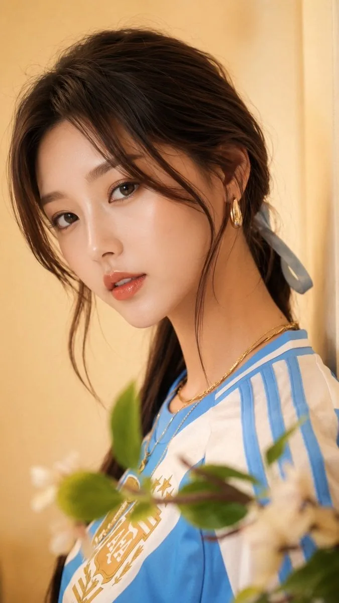 Ultra-realistic close-up portrait of a beautiful young East Asian woman, soft natural makeup, glossy peach lips, clear glowing skin, large
