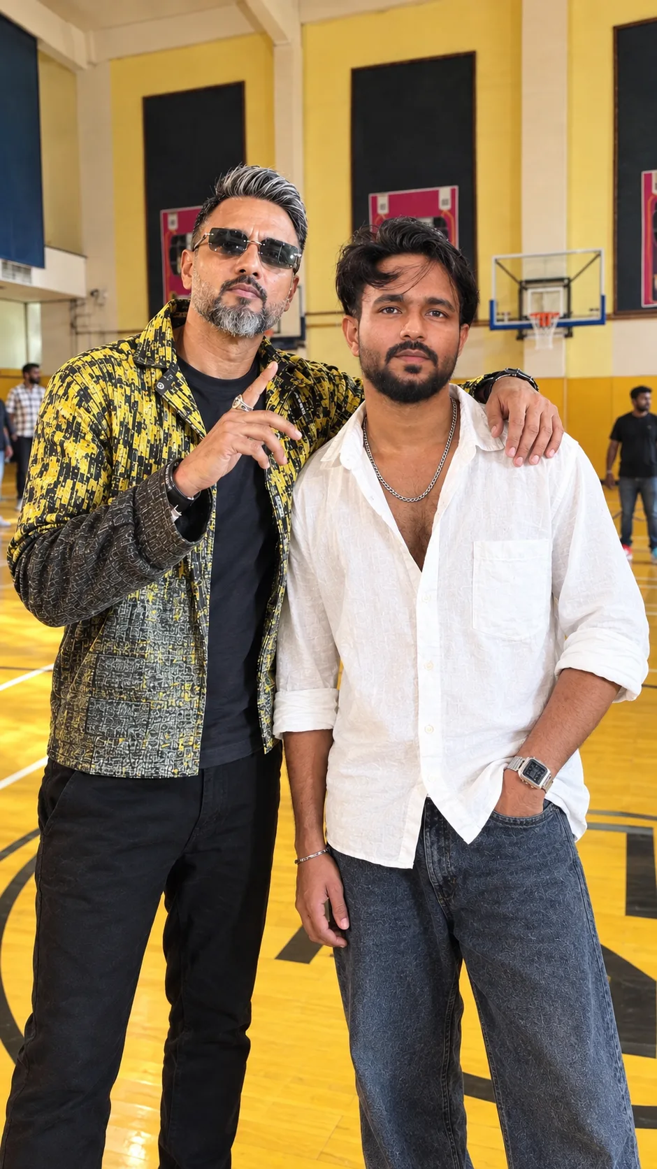Create a highly realistic photo of me standing next to a stylish mature Indian celebrity-like man inside a professional indoor basketball