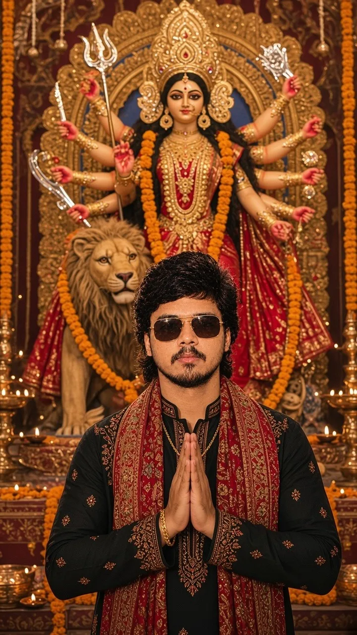 Create an ultra-realistic cinematic Navratri devotional portrait of a young Indian man standing respectfully in front of a beautifully