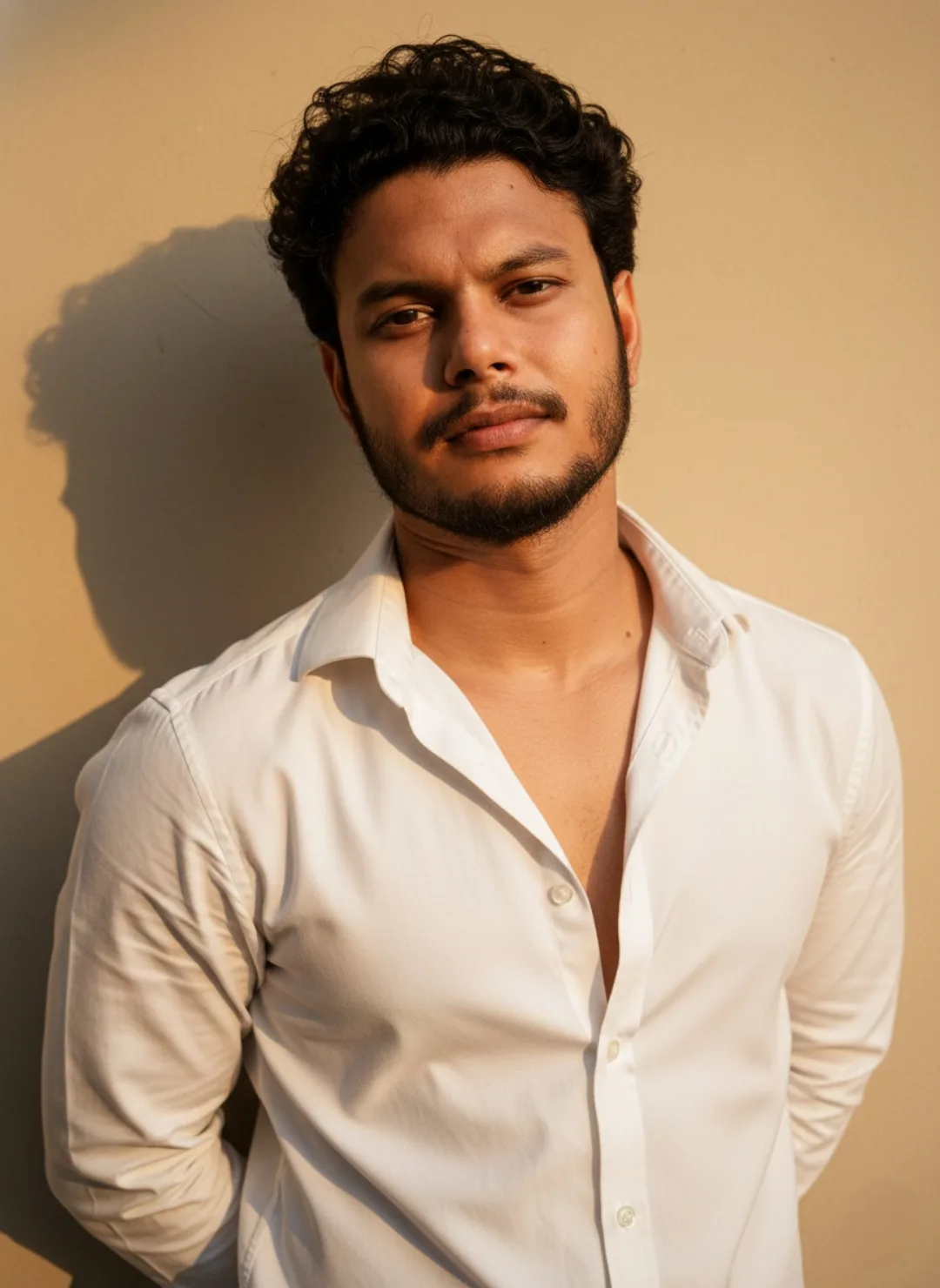 > A close-up portrait of a handsome young South Asian man in his mid-20s with short, dark curly hair, a neatly trimmed beard, and a