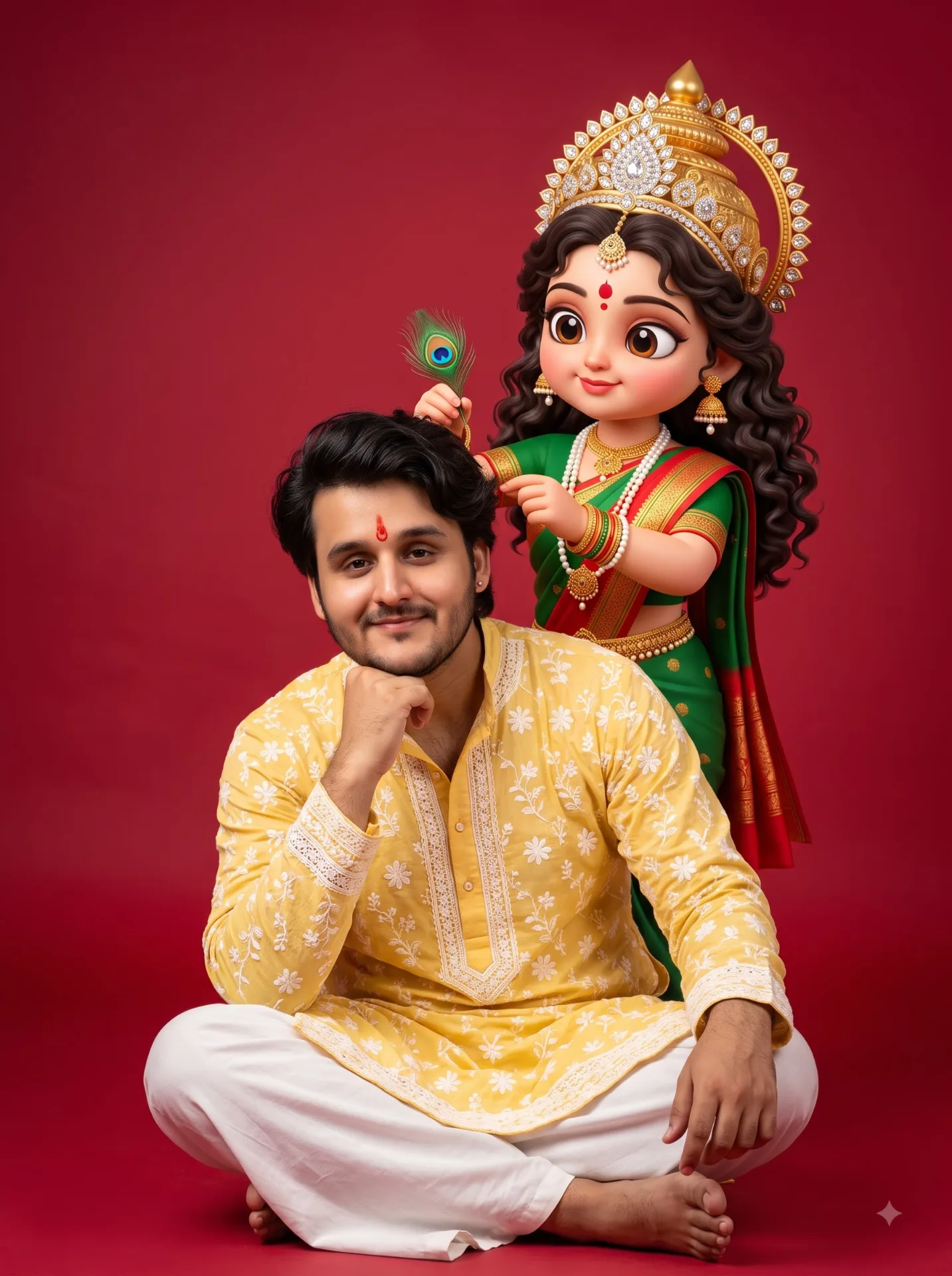 A HANDSOME 24 YEAR OLD Indian man sitting cross-legged on the floor against a solid royal red background, wearing a Yellow embroidered