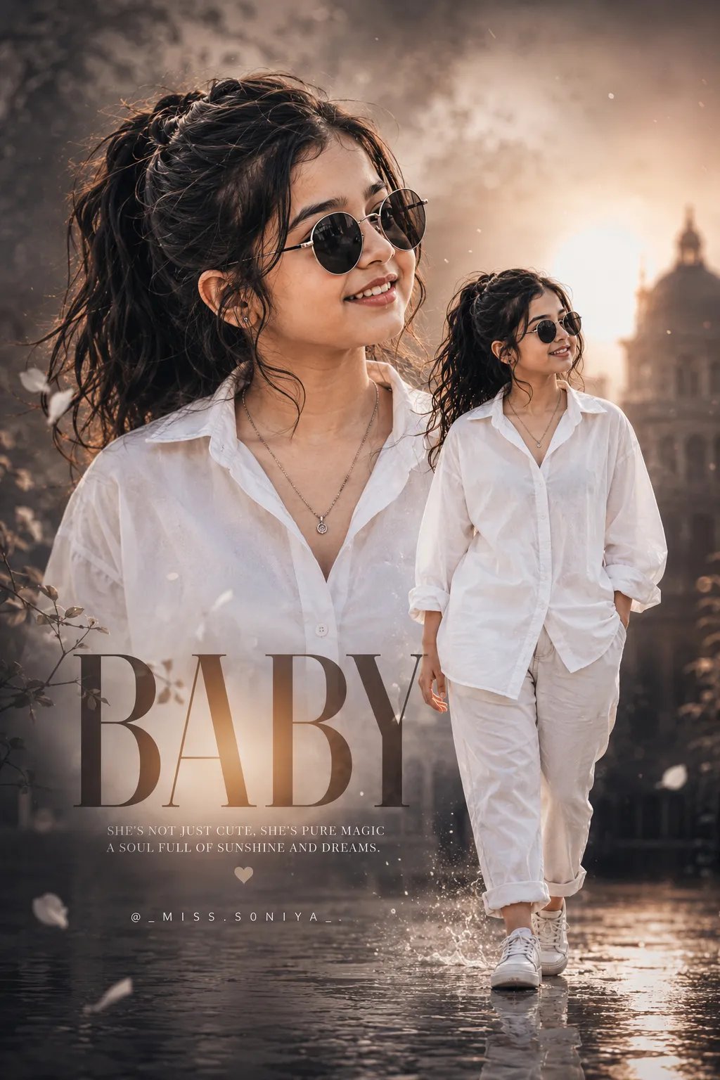 ▓BABY PRONT▓ A cinematic, multi-exposure poster design featur- ing a young South Indian 18 year old baby girl as uploaded image wearing