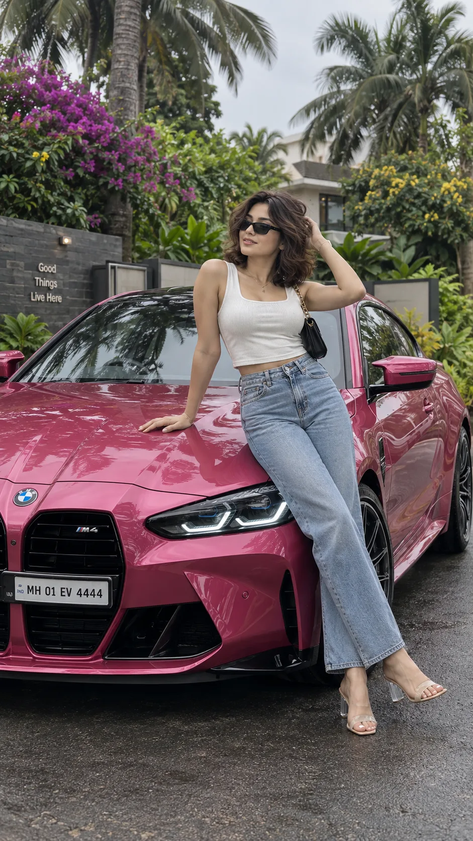 a young South Asian women casually leaning against the front side of a glossy deep-light pink shineyy BMW M4 Competition.