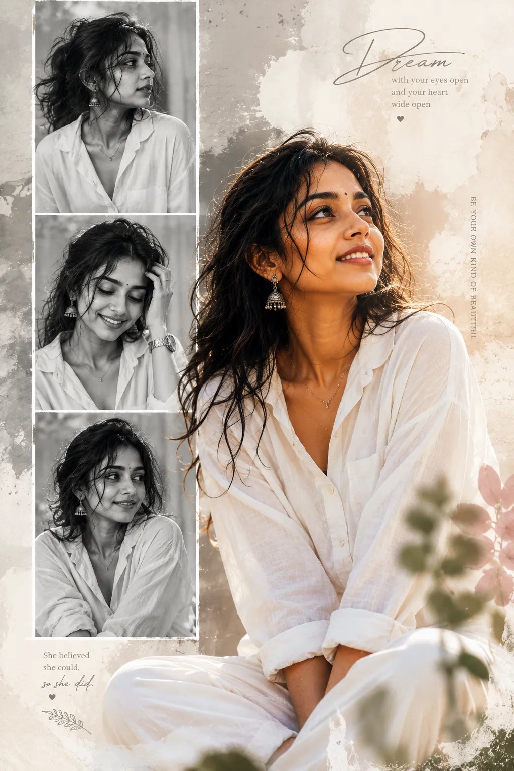 A dreamy feminine collage portrait poster featuring a handsome young girl with dark hair, wearing an white loose shirt pant.