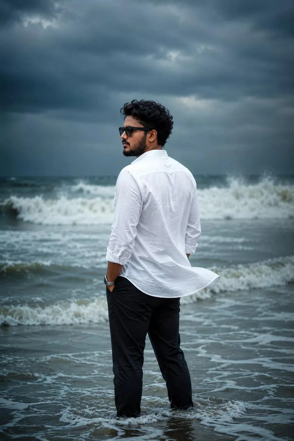 Prompt:Ultra-realistic cinematic portrait using my uploaded face, South Asian man standing alone in shallow seawater on a stormy beach,
