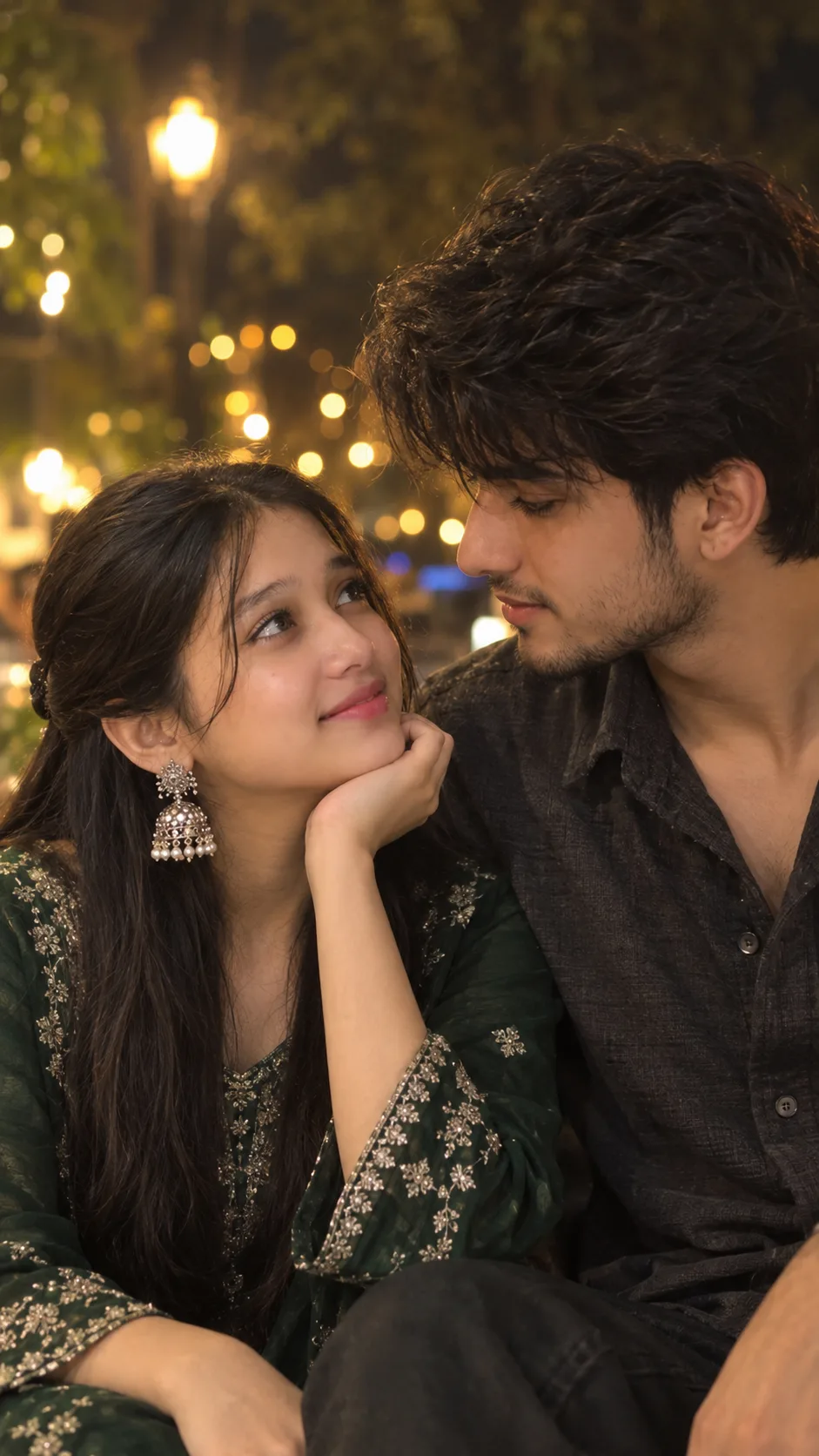 Create a highly photorealistic, cinematic romantic portrait of a young South Asian couple sitting close together outdoors at night.