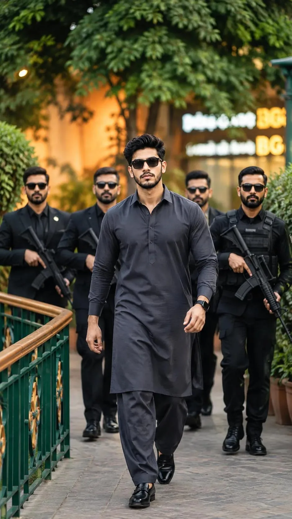 A stylish young man wearing a black kurta pajama and sunglasses, walking confidently with four professional security guards in black
