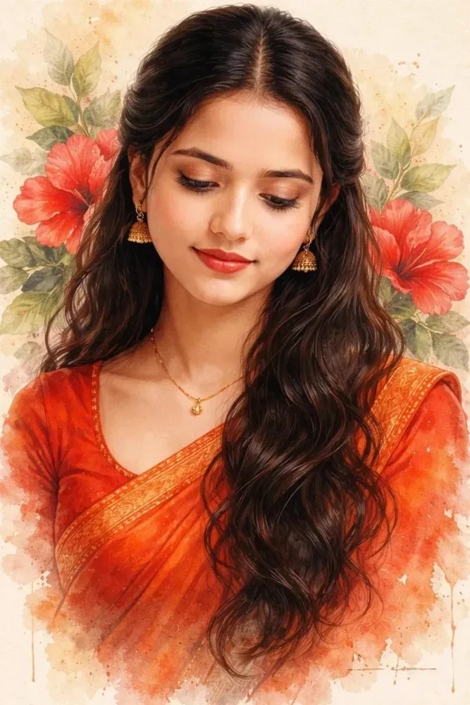 Ultra-detailed watercolor portrait of a young Indian woman, face unchanged, soft romantic expression, looking down with gentle smile.