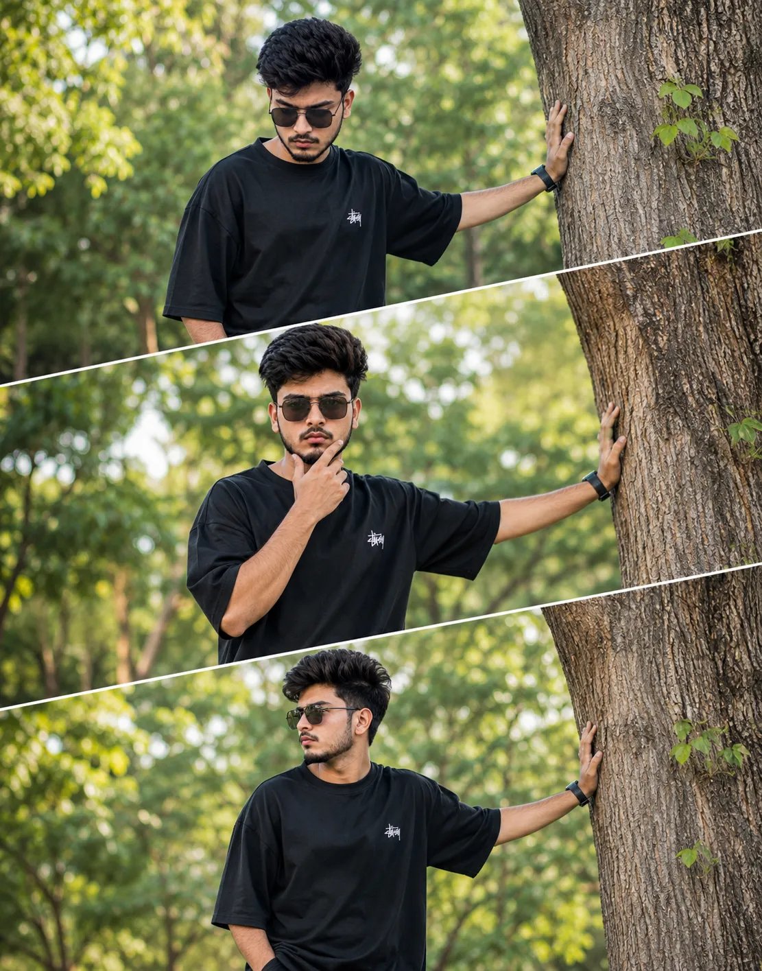 Ultra-realistic DSLR 3-layer diagonal collage of the same stylish Indian boy standing beside a large tree in a green park, oversized black