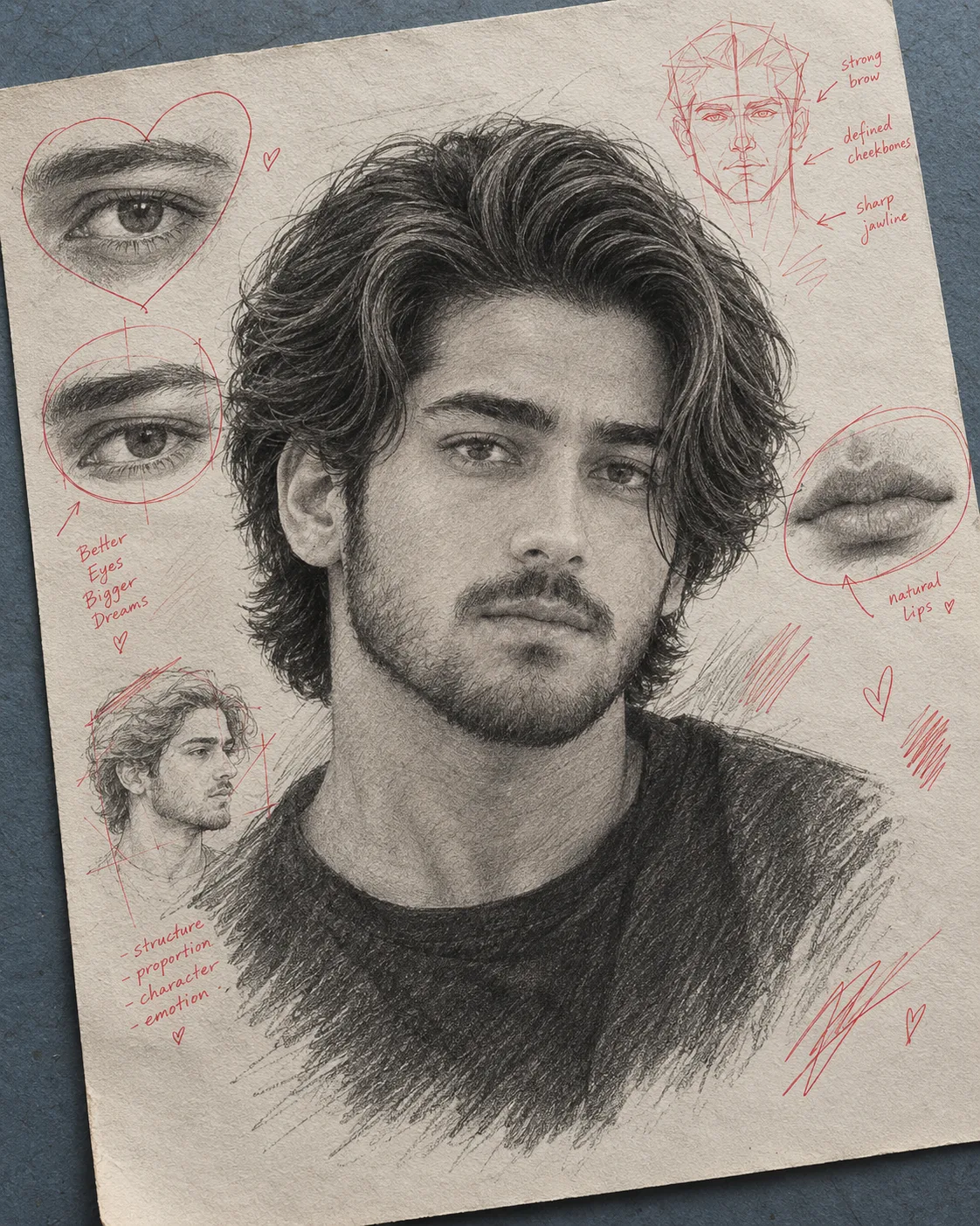**Ultra-realistic graphite pencil portrait sketch of a handsome young adult man, presented as a physical artist’s drawing on a slightly