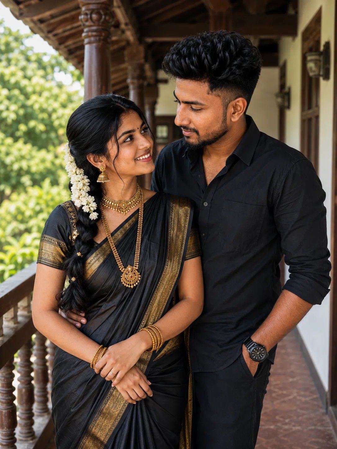 π€πΈπ€ Create an ultra-realistic South Indian romantic couple portrait standing together on a traditional house balcony/veranda during