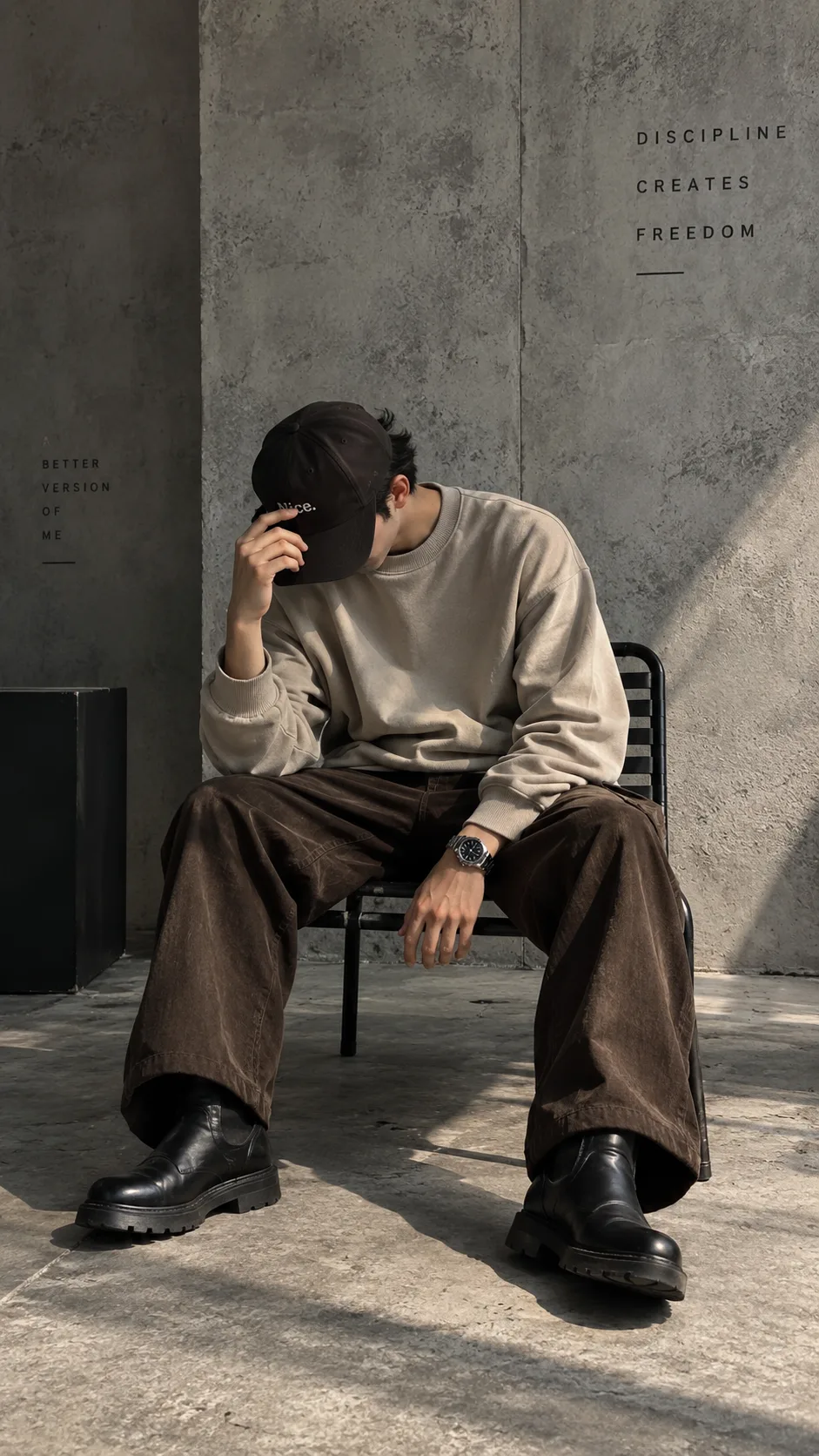 MINIMALIST FASHION EDITORIAL PHOTOSHOOT, STYLISH YOUNG MAN SITTING CASUALLY ON A BLACK METAL CHAIR, HEAD DOWN POSE WITH ONE HAND ON CAP,