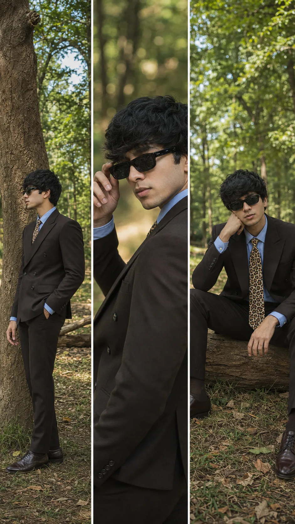 Create an ultra-realistic editorial fashion portrait collage in a lush green forest during bright natural daylight.