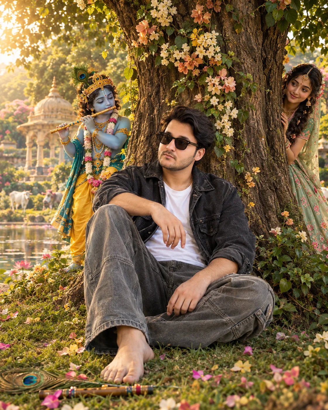 Create an ultra-realistic cinematic DEVOTIONAL FASHION EDITORIAL PORTRAIT of a stylish young South Indian man sitting casually beneath an