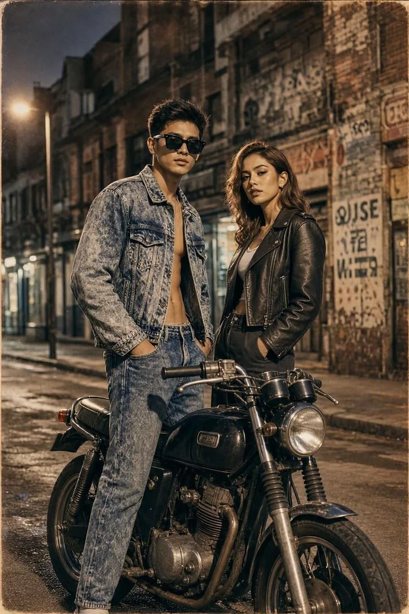 A high-fashion cinematic portrait of an edgy, attractive couple posing on a wet city street at night.