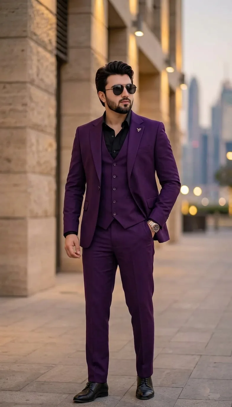 > A full-body portrait of the young man from the original image with the exact same hairstyle, beard, facial features, and dark sunglasses.