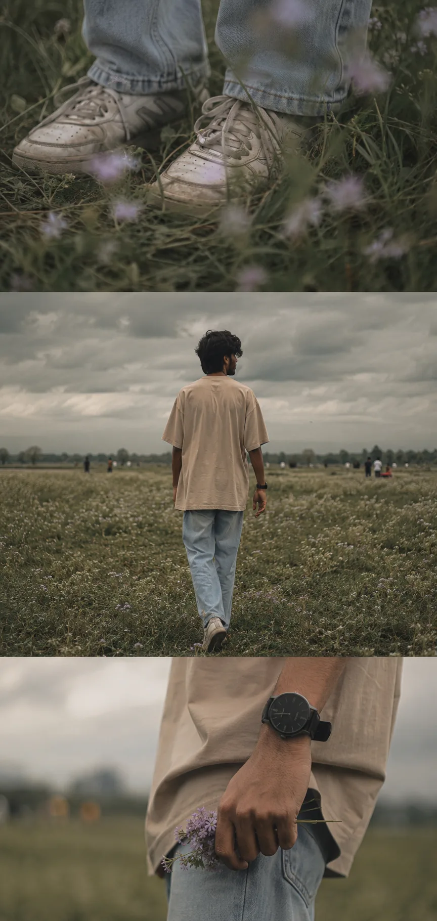 Ultra-realistic cinematic photography of a young South Asian man (use uploaded face reference exactly), standing alone in a vast wildflower