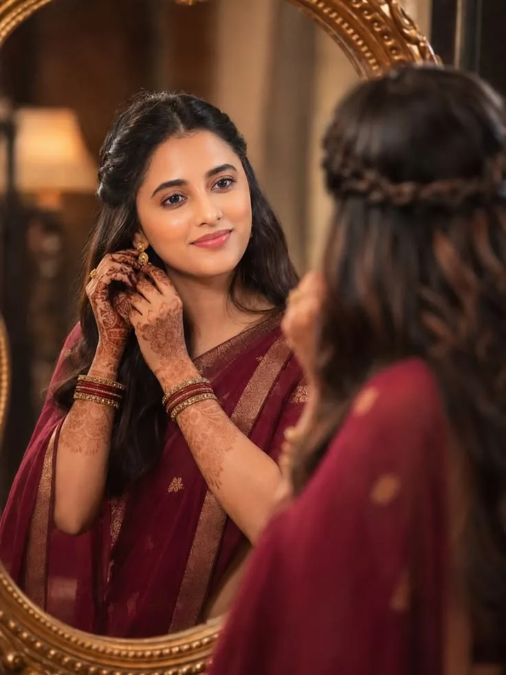 A photorealistic cinematic portrait of a young Indian woman getting ready in front of an ornate vintage golden mirror.