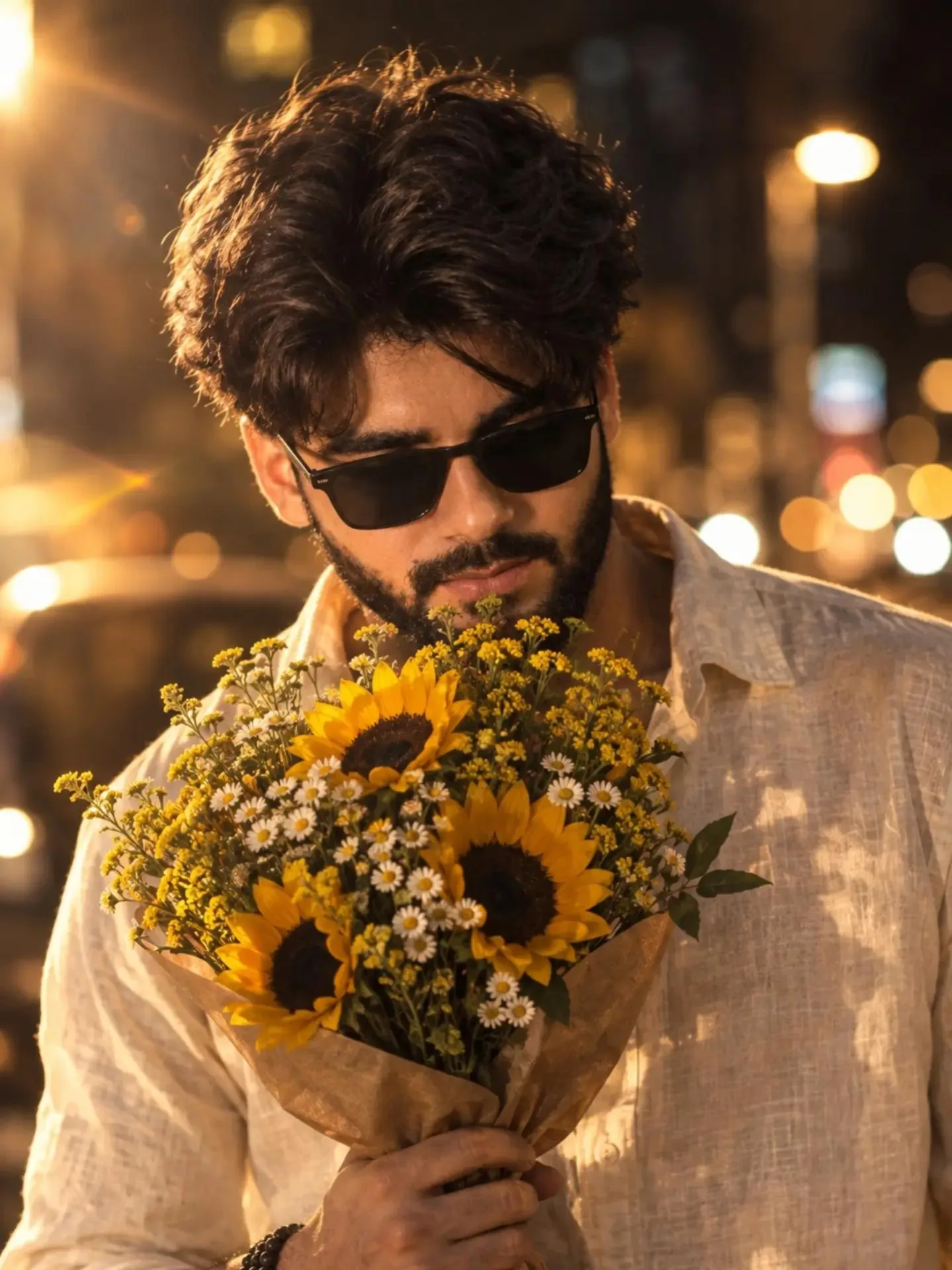 A moody, cinematic, golden-hour night portrait of a young man with curly dark hair, wearing black sunglasses and a light cream linen shirt,