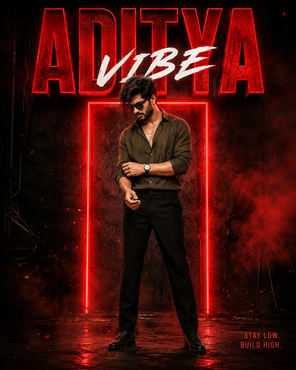 Create a highly realistic, ultra-cinematic full-body fashion poster of a stylish young man standing confidently in a dark, gritty urban