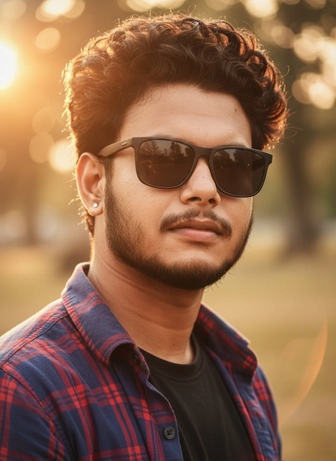 A realistic close-up portrait of a young Indian man in his early 20s, looking slightly to the side with a calm and confident expression.