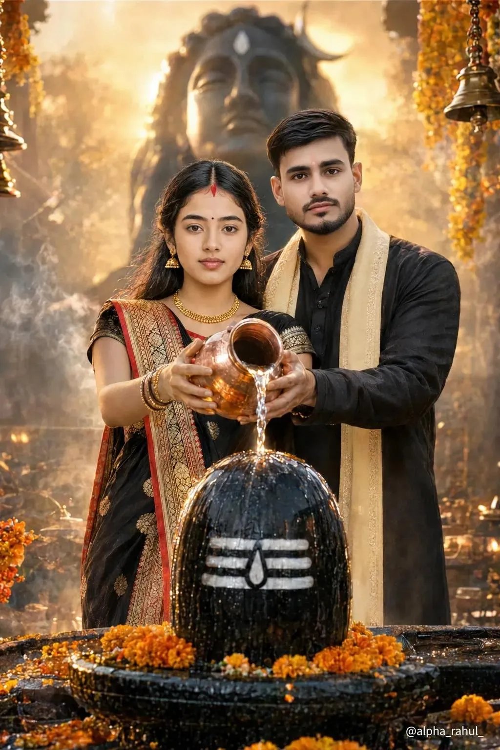 Ultra-realistic cinematic devotional portrait of a young Indian couple performing Jal Abhishek together on a black Shivling, both holding a