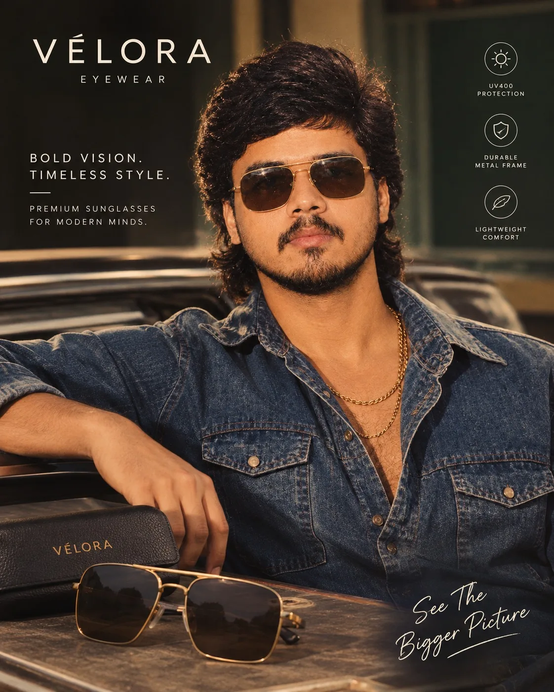 Create a premium photorealistic luxury eyewear advertising campaign featuring a young Indian man wearing sophisticated gold-frame aviator