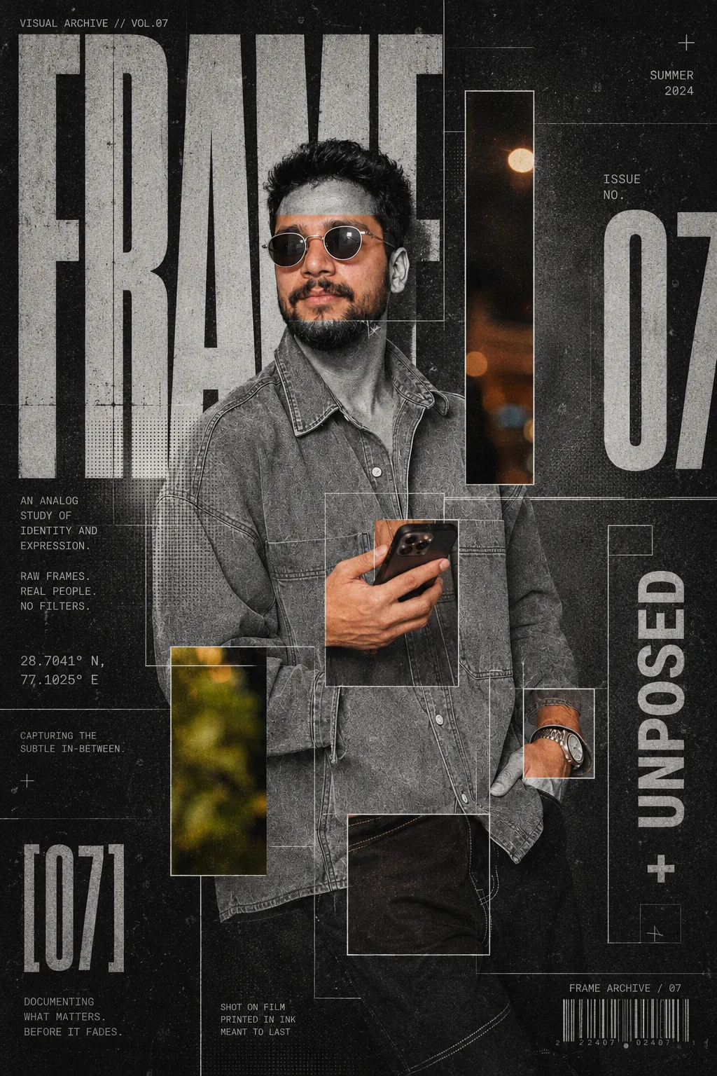 Transform the uploaded image into a premium brutalist editorial magazine poster.