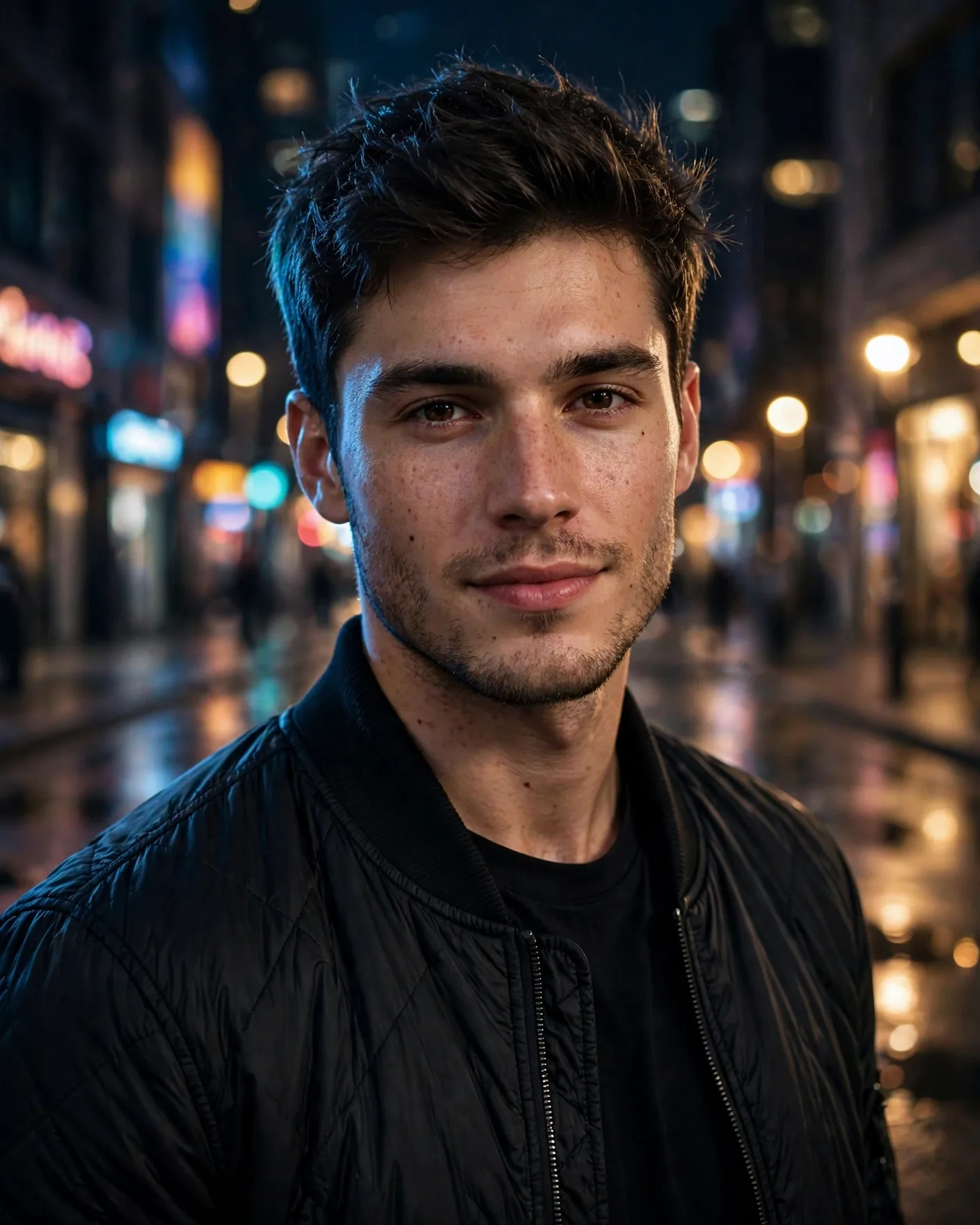 Ultra-realistic professional portrait of a stylish young adult man standing on a modern city street at night, neon signs and soft bokeh