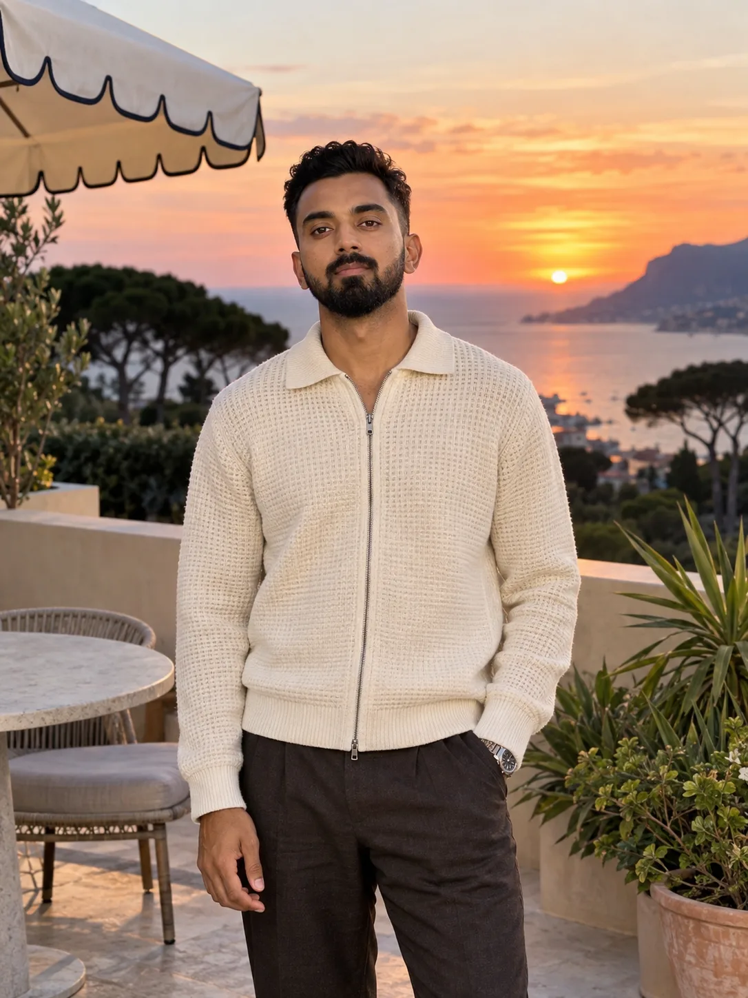 A confident young adult male stands perfectly centered facing the camera in a naturally relaxed posture with level shoulders and centered