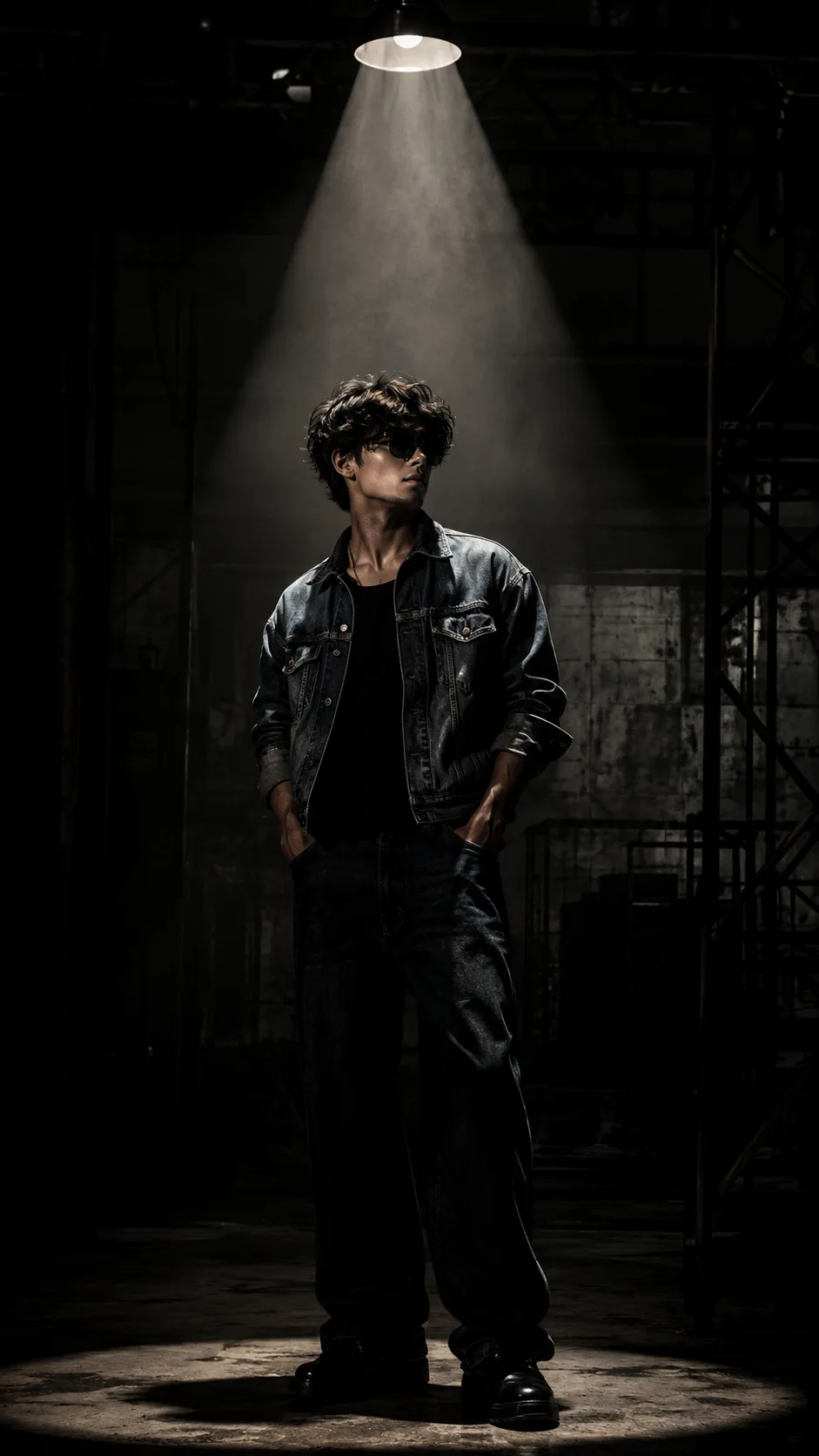 Transform this into a dramatic portrait of a person standing under a concentrated spotlight in an industrial or warehouse setting.